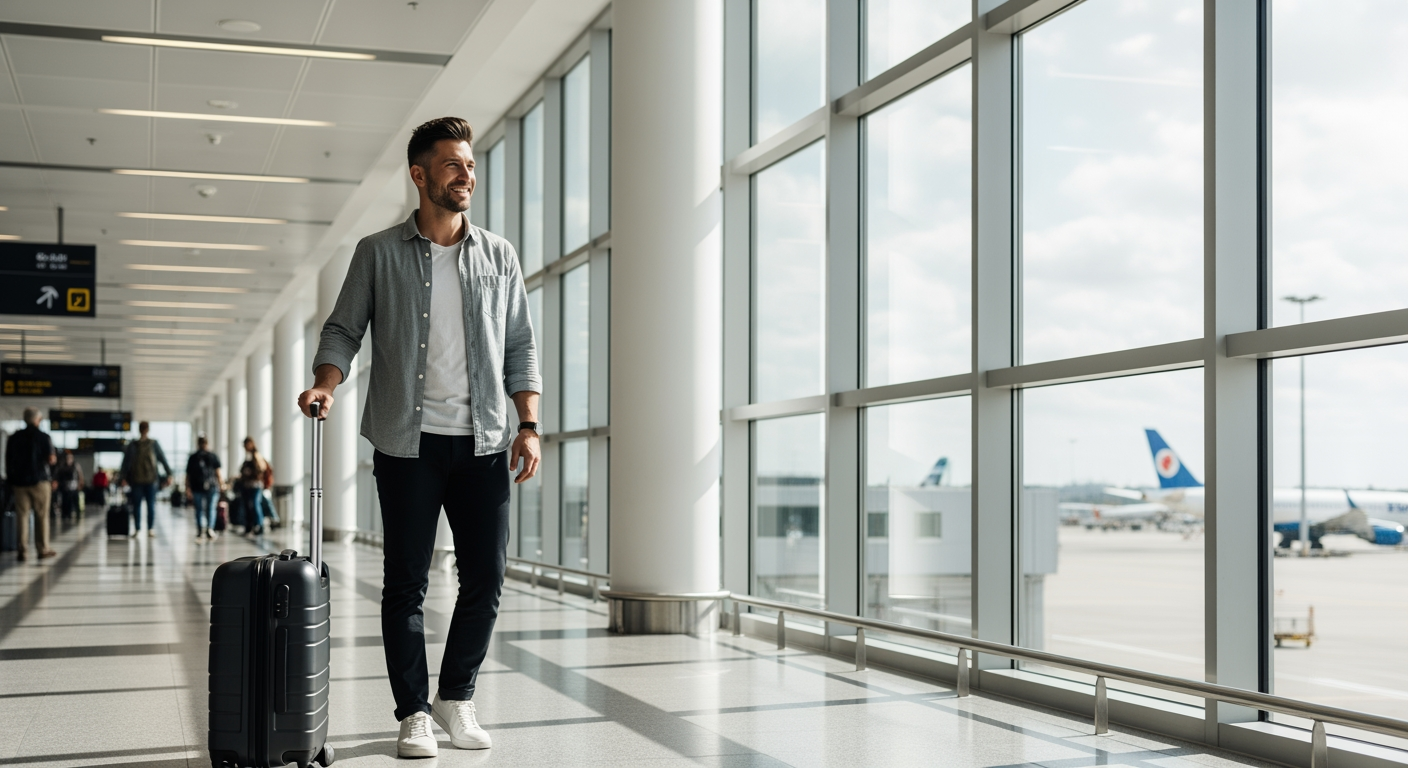 Voyageur à l'aéroport, prêt à embarquer